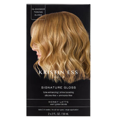 Kristin Ess Hair Gloss Honey Latte bottle being poured for even color deposit