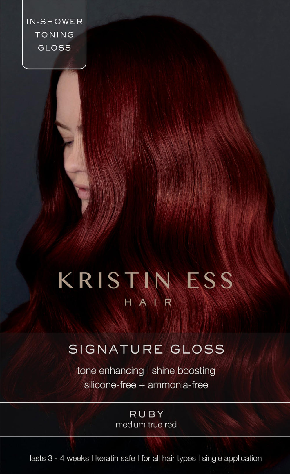 Kristin Ess Hair Gloss Ruby bottle shows vibrant red tones for color refresh