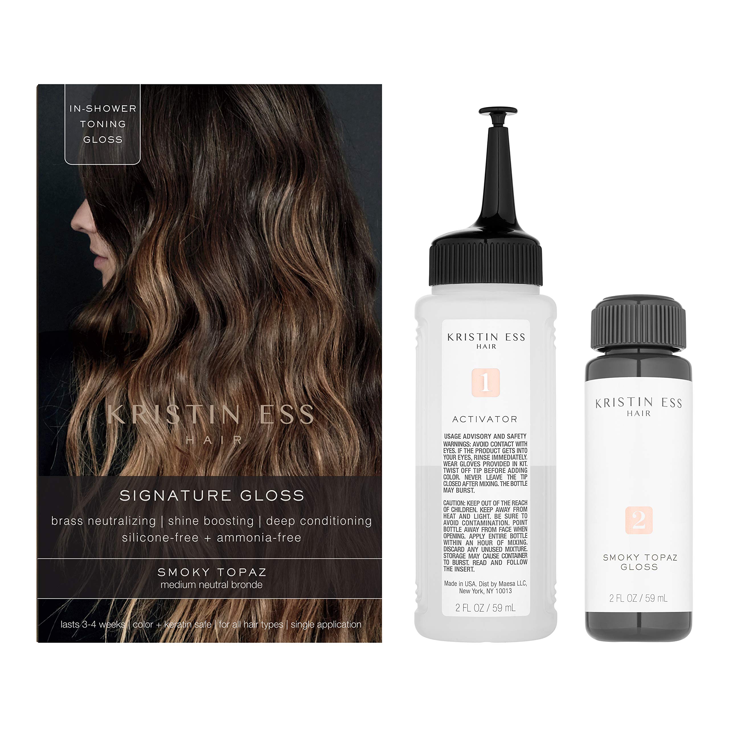 Kristin Ess Hair Gloss Smokey Topaz application swatch showing tone adjustment