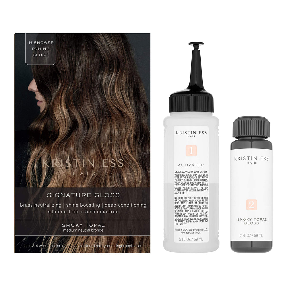 Kristin Ess Hair Gloss Smokey Topaz application swatch showing tone adjustment