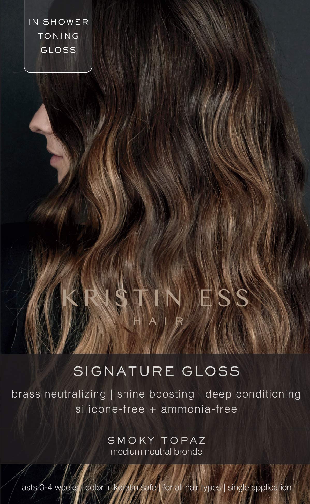 Kristin Ess Hair Gloss Smokey Topaz bottle pour for vibrant color refresh