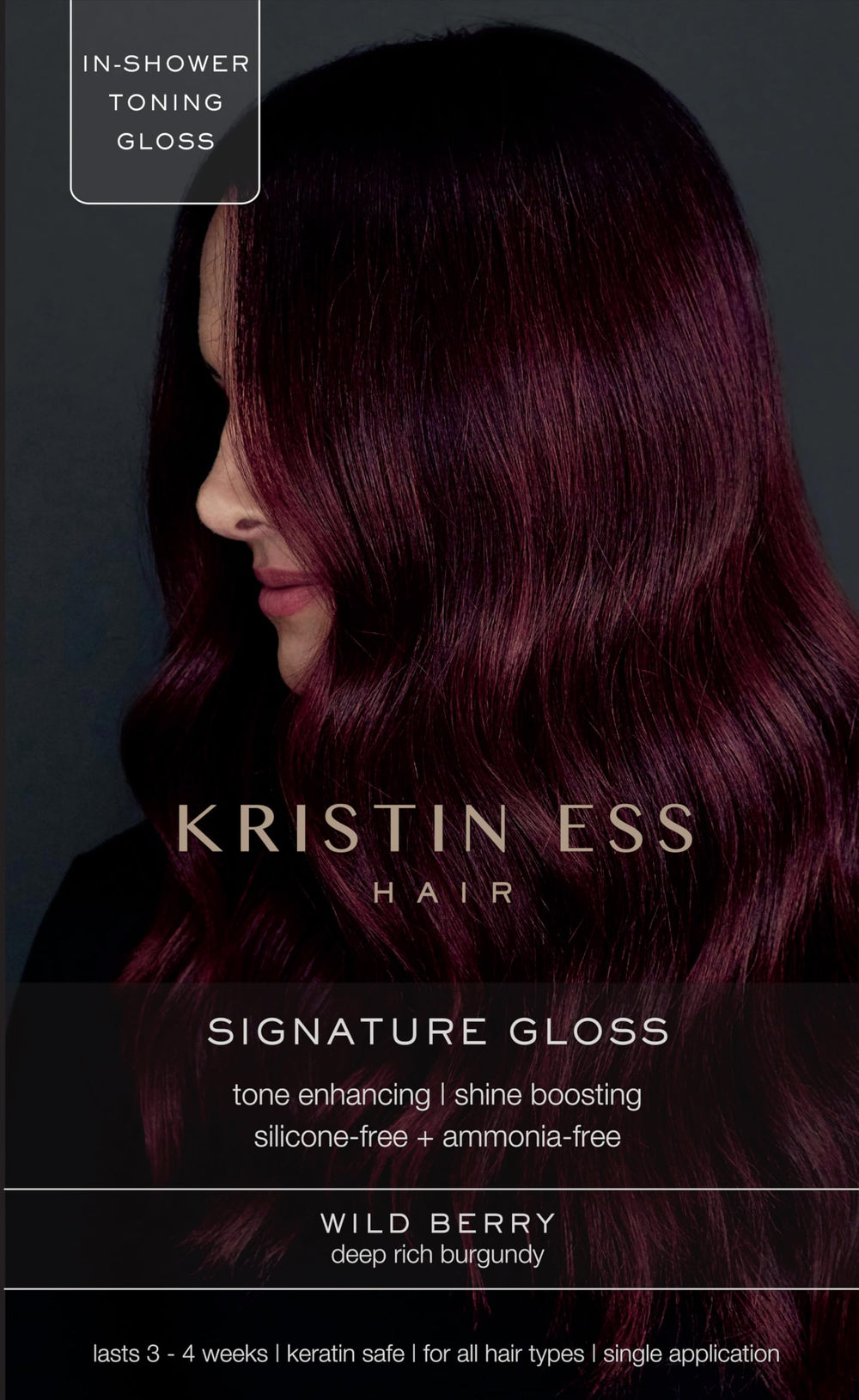 Kristin Ess Hair Gloss Wild Berry Red bottle demonstrates in-shower color deposit and shine.