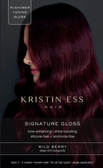 Kristin Ess Hair Gloss Wild Berry Red bottle demonstrates in-shower color deposit and shine.