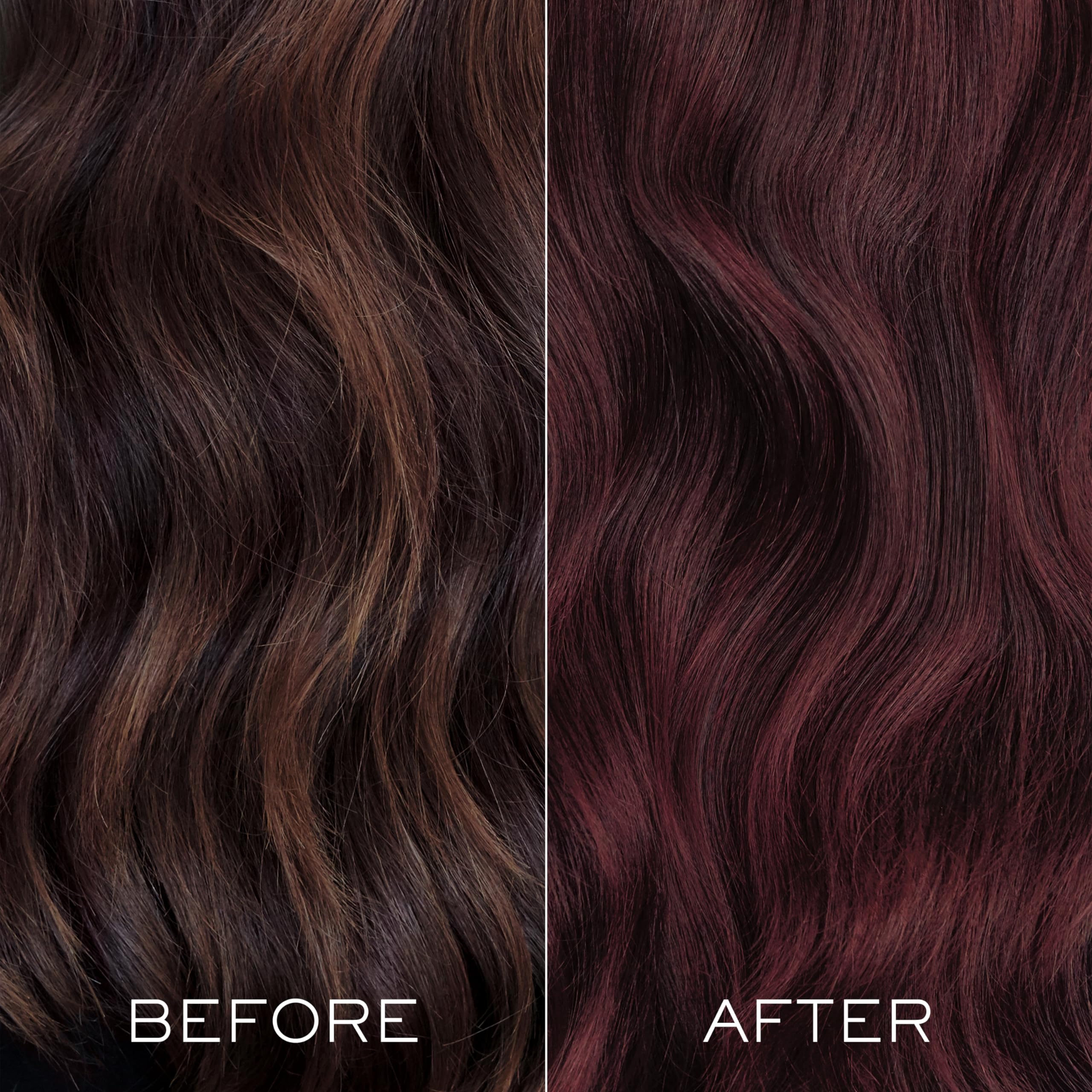 Finished look shows vibrant burgundy shine on color-treated or natural brown hair.