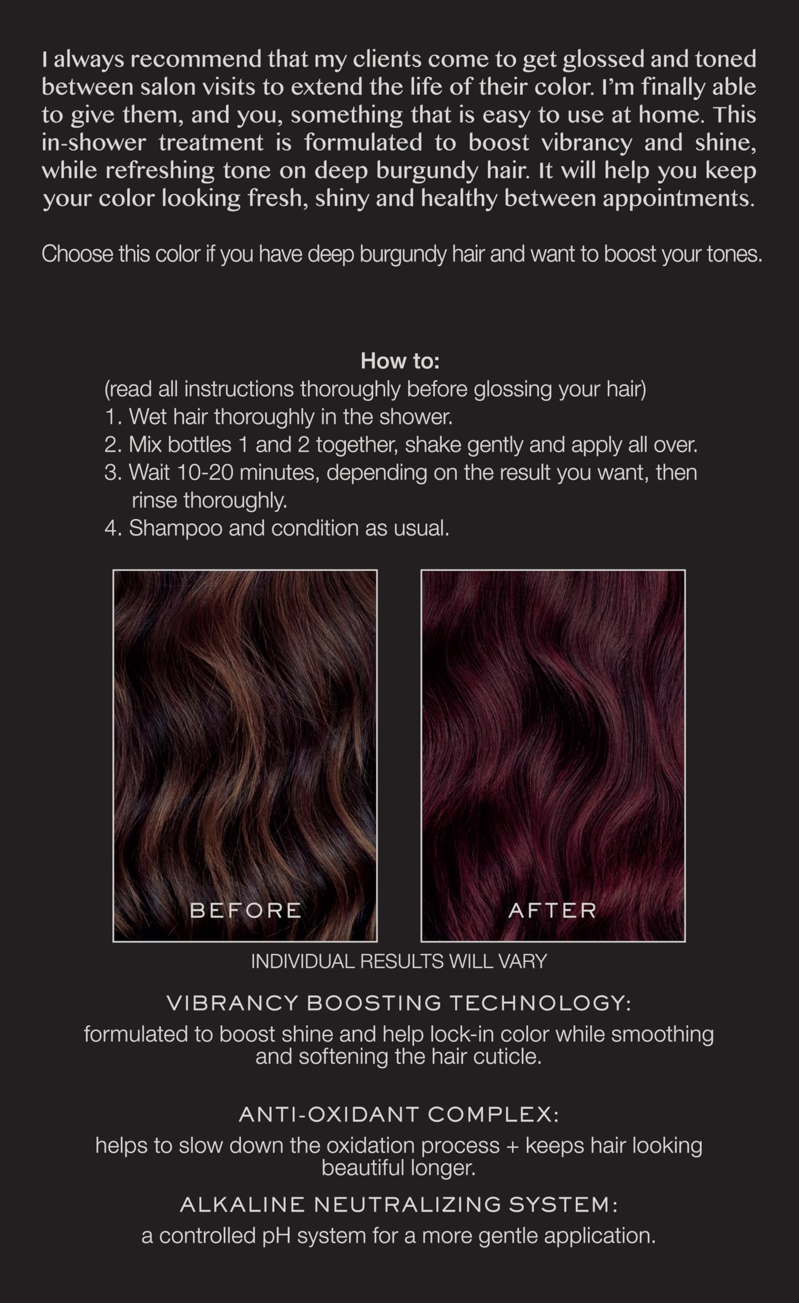 Swirl reveals rich burgundy tone on hair with luminous shine.