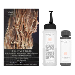 Kristin Ess Hair Gloss Winter Wheat application on wet hair boosts vibrancy