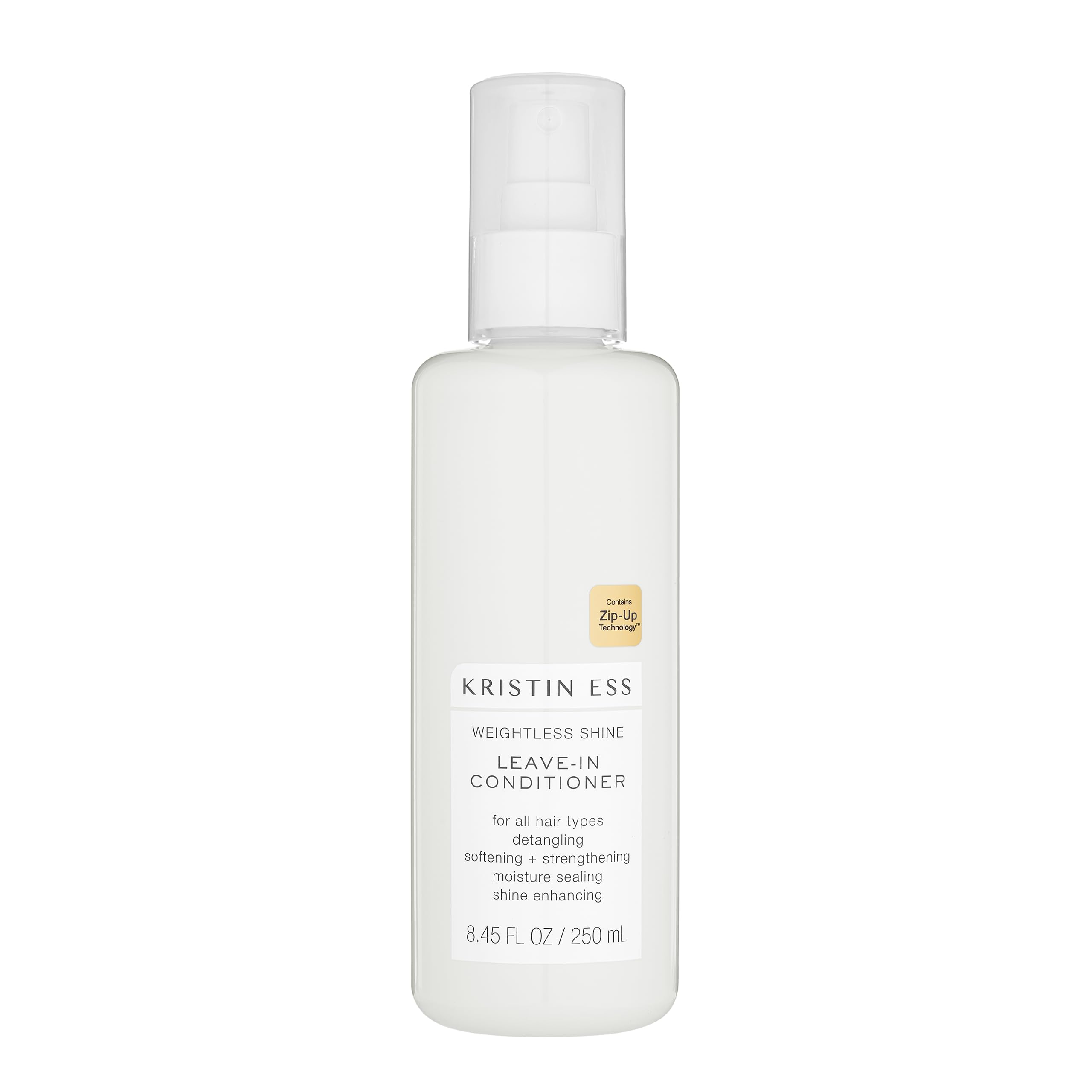 Kristin Ess Hydrating Leave-In Spray bottle shown for moisturized, frizz-free hair.