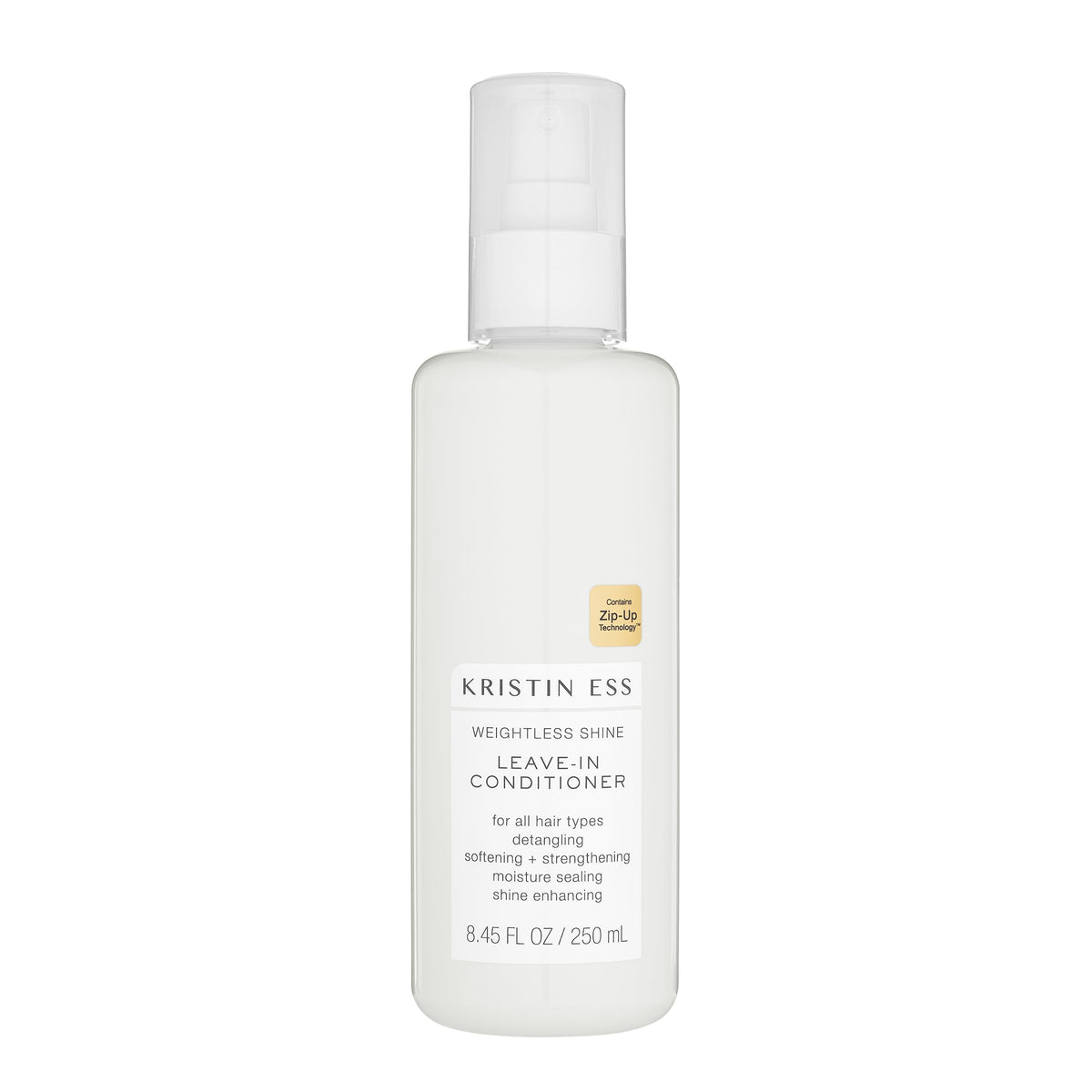 Kristin Ess Hydrating Leave-In Spray bottle shown for moisturized, frizz-free hair.