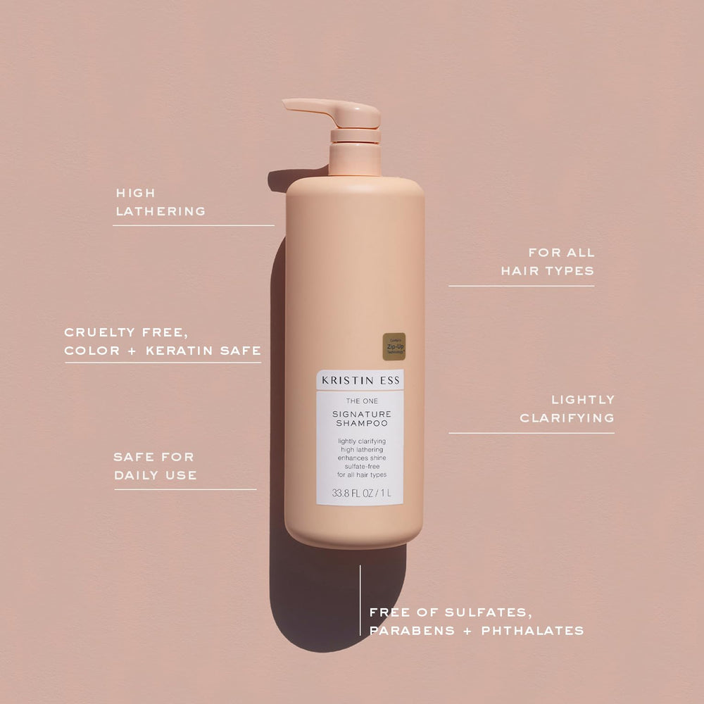 Creamy lather forms during use with Kristin Ess Hair One Signature Shampoo.