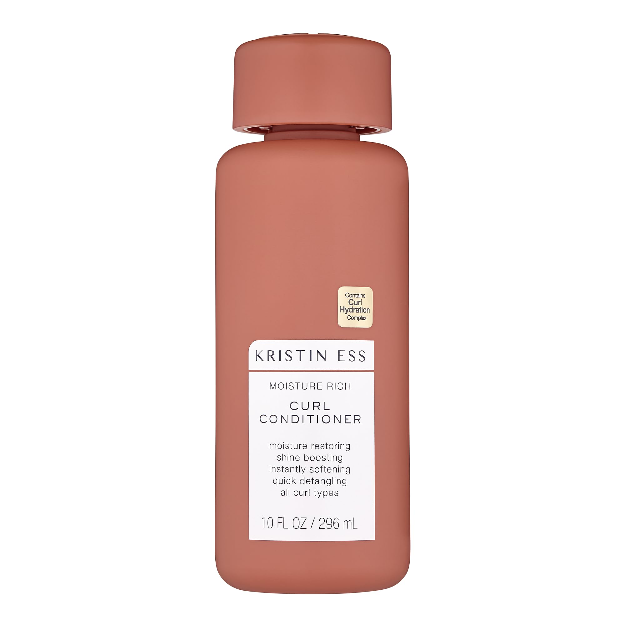 Kristin Ess Moisture Rich Conditioner bottle demonstrates hydrated, frizz-controlled curls.