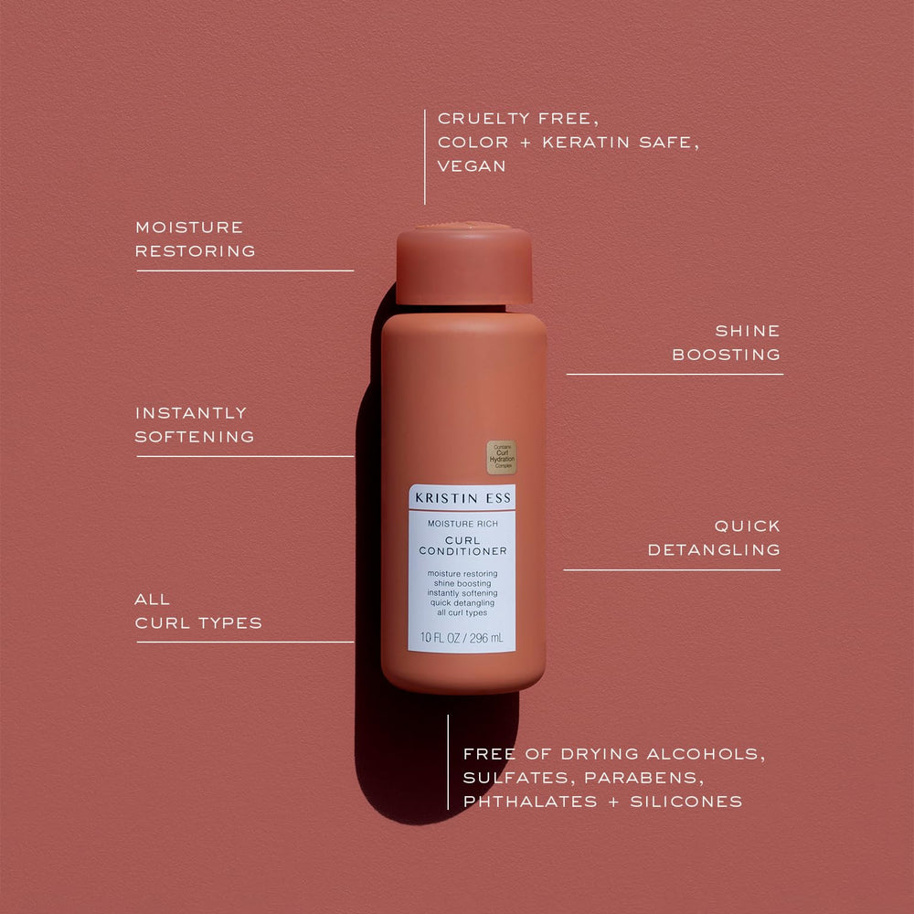 Kristin Ess Moisture Rich Conditioner dispensing pump demonstrates convenient, mess-free application.