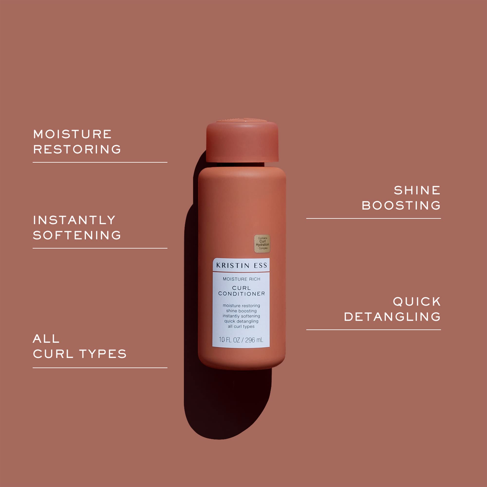 Close-up of Kristin Ess Moisture Rich Curl label showing color-safe, silicone-free formula.