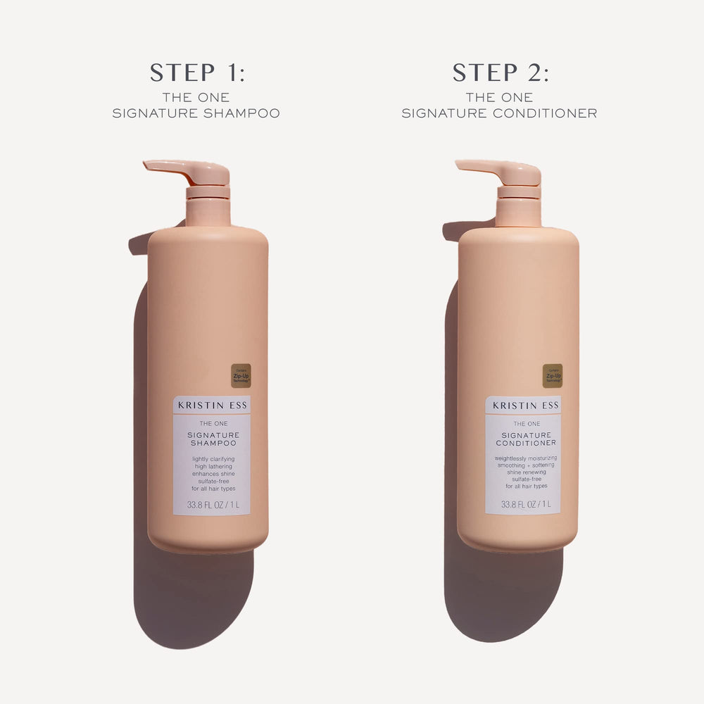 Kristin Ess Signature Bundle packaging shown, suggesting vegan, cruelty-free, sulfate-free formula.