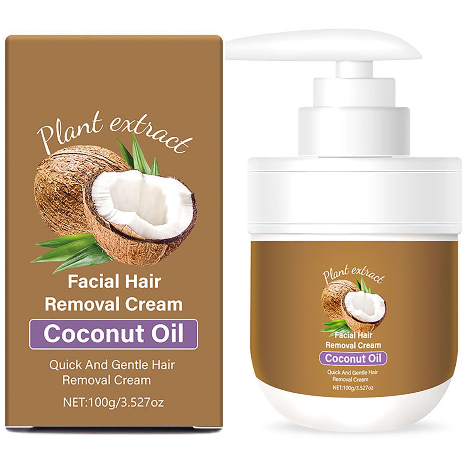 Krmspe facial depilatory cream packaging highlights coconut formula for gentle removal.