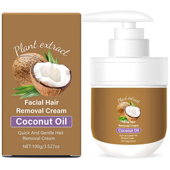 Krmspe facial depilatory cream packaging highlights coconut formula for gentle removal.