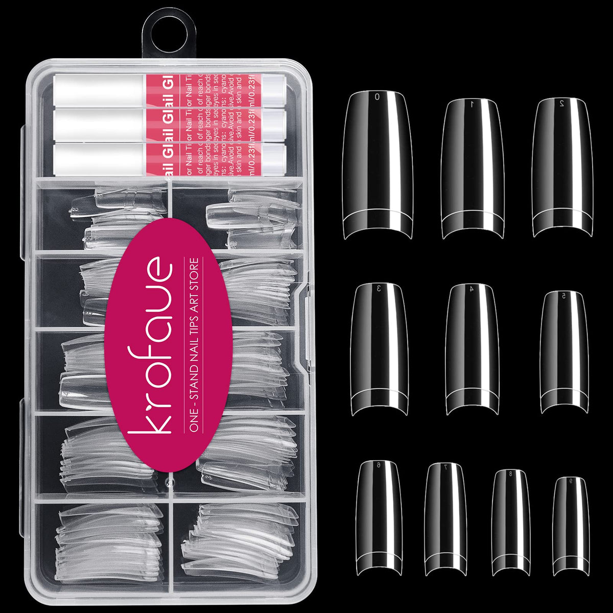 Krofaue clear nail tips 100pcs laid out for fast size matching and easy selection.