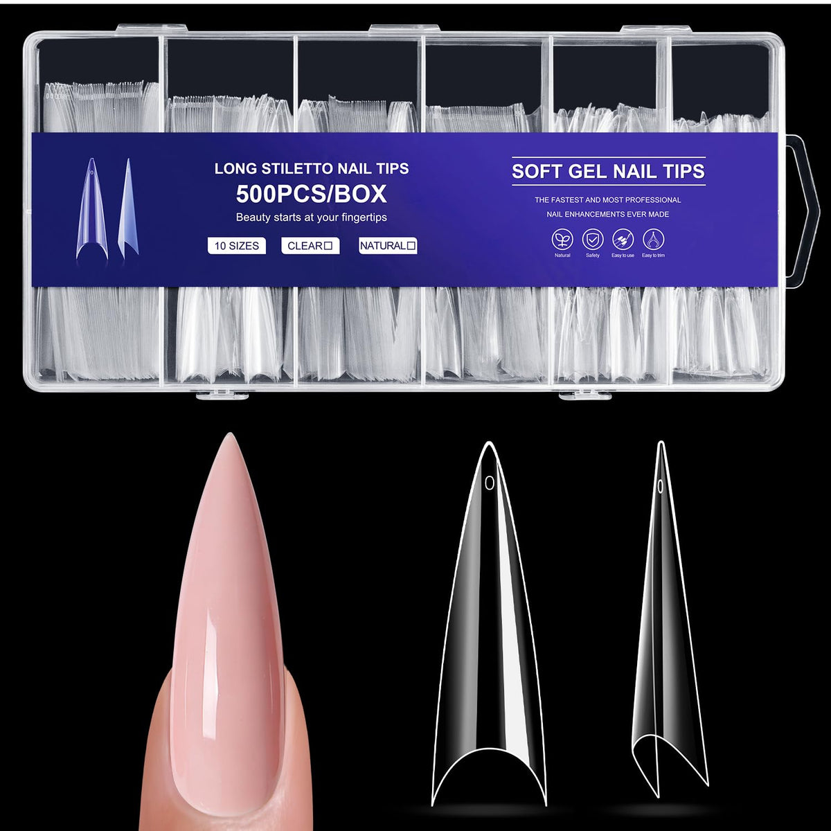 Krofaue extra long stiletto nails in clear finish for dramatic manicure explorations.