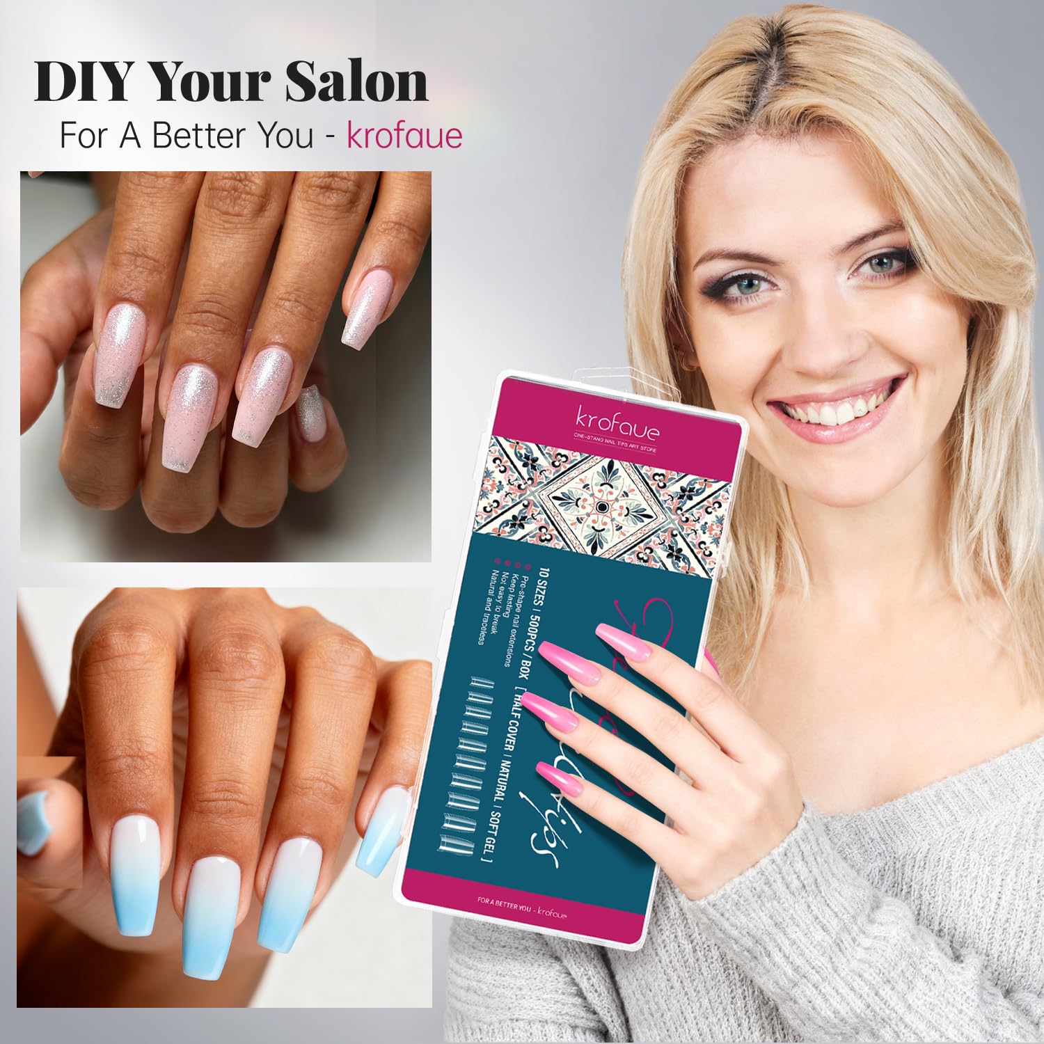 Krofaue flexible soft gel nail tips for seamless shaping.