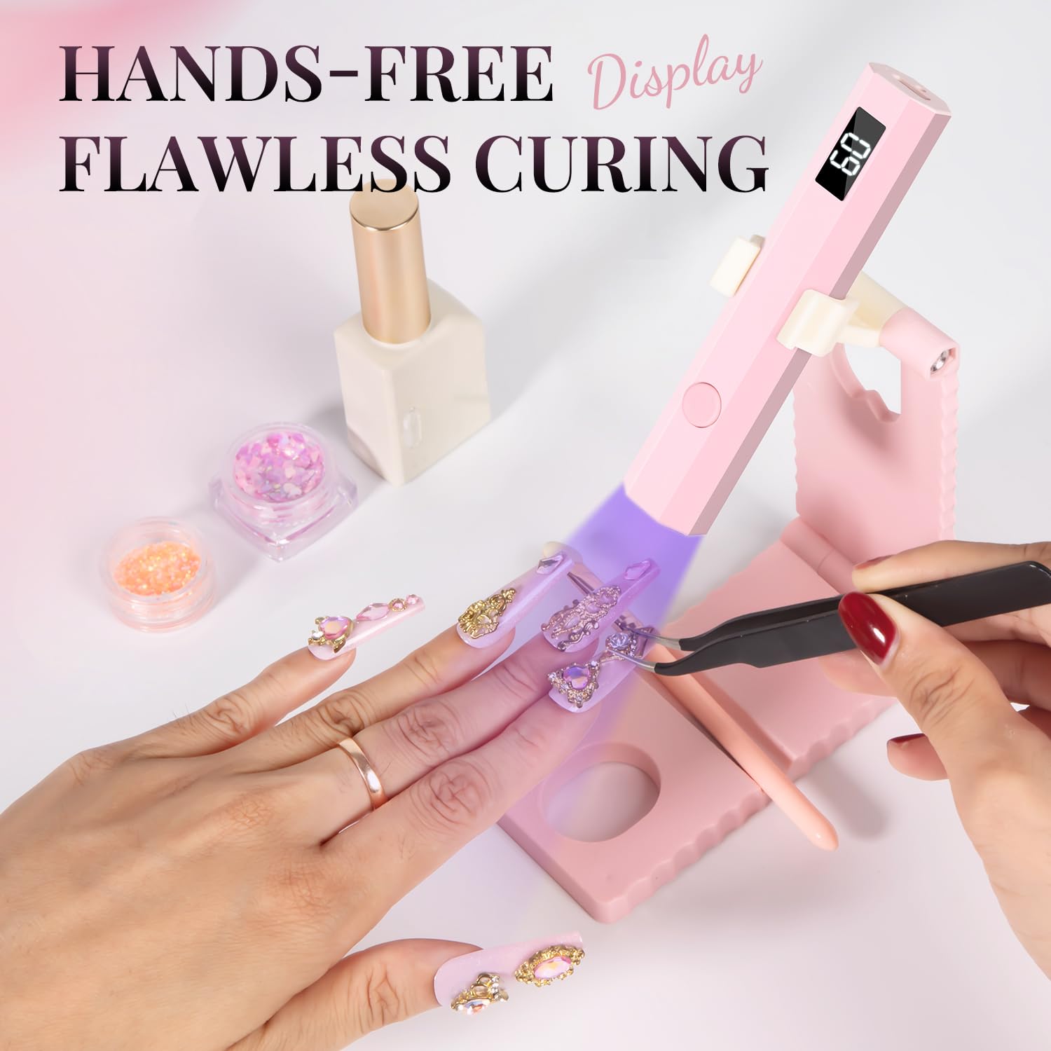 krofaue portable UV nail lamp highlights cordless design for quick on-the-go manicures.