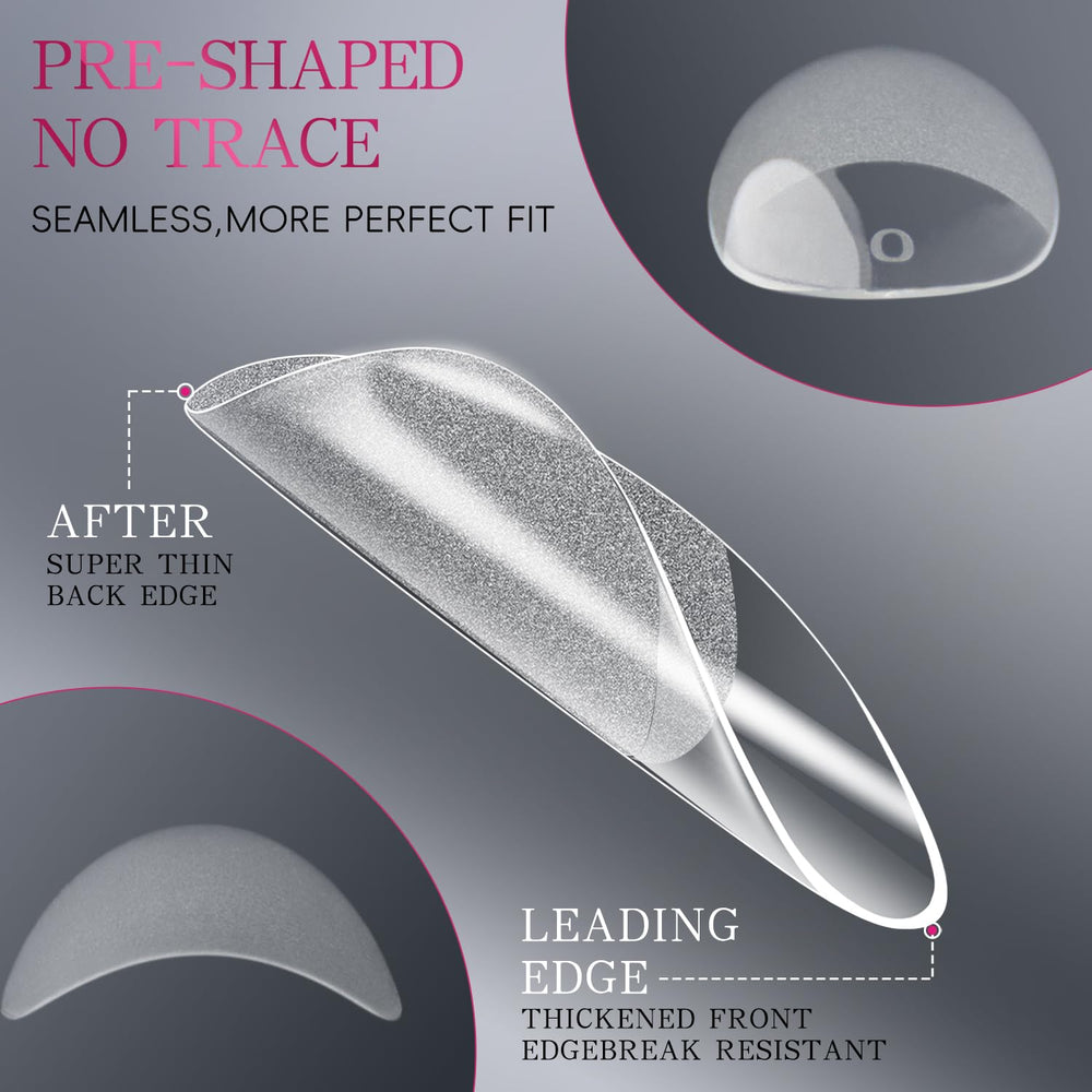 Krofaue soft gel almond tips—flexible, natural-looking and strain-free.