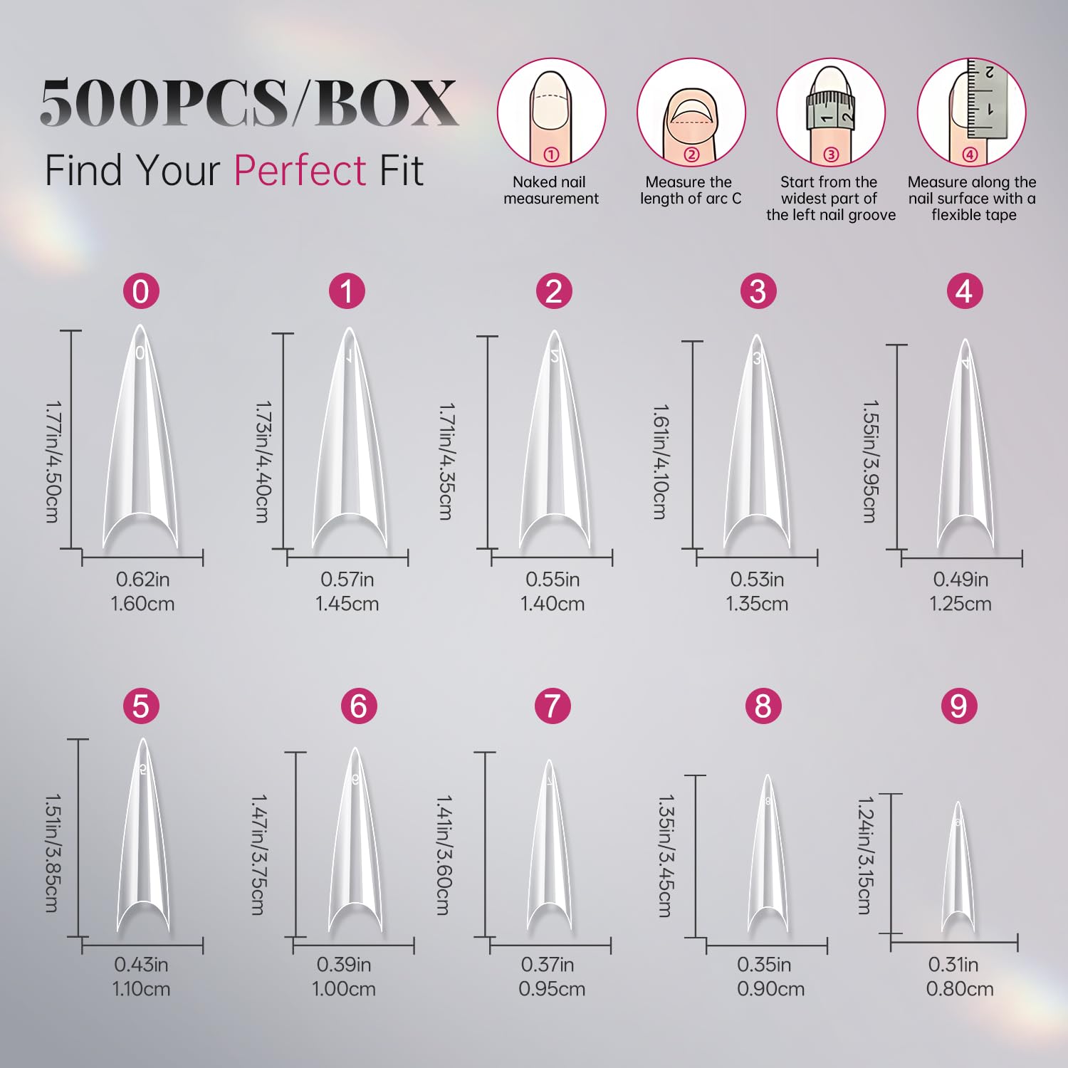 Krofaue stiletto nail tips clear with ten sizes for precise fit.