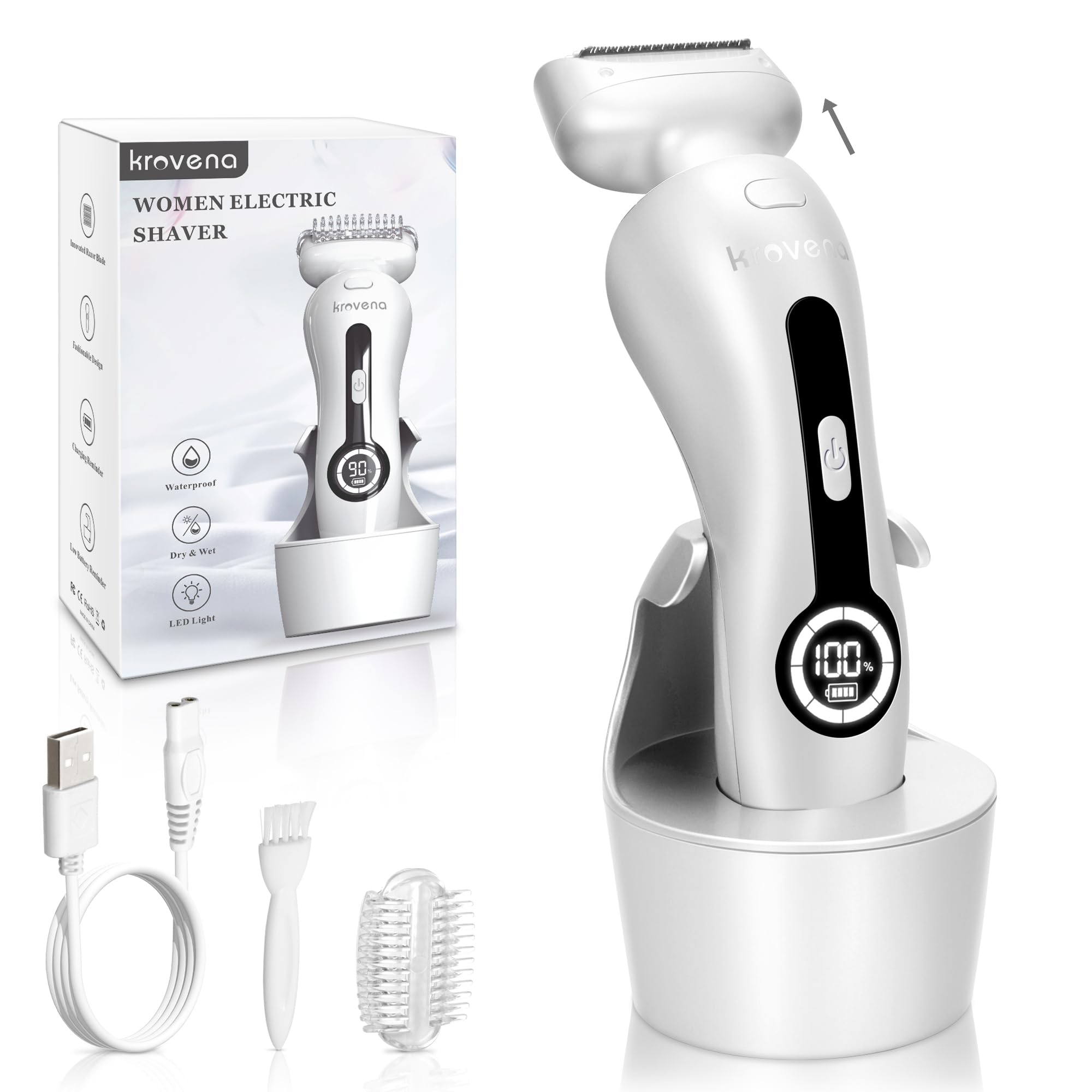 Krovena electric razor showing detachable head in a clean hand position for easy cleaning.