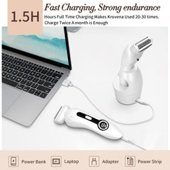 Krovena electric razor resting on USB charging stand for convenient power and storage.