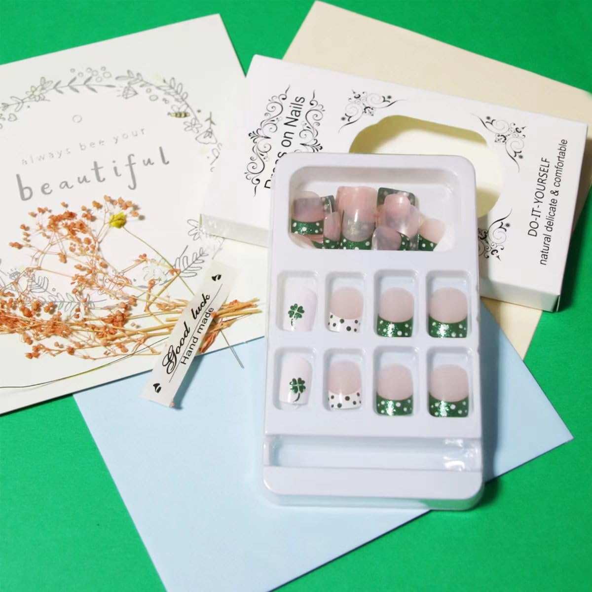 KRTBKR St Patrick's Day nails with full-cover tips for quick DIY manicure