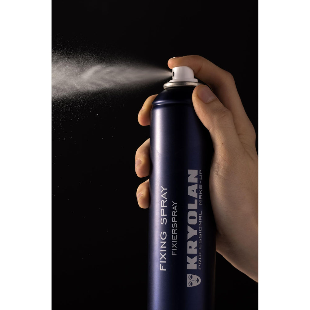 Kryolan Aerosol Fixing Spray mist application demonstrates even, protective finish.