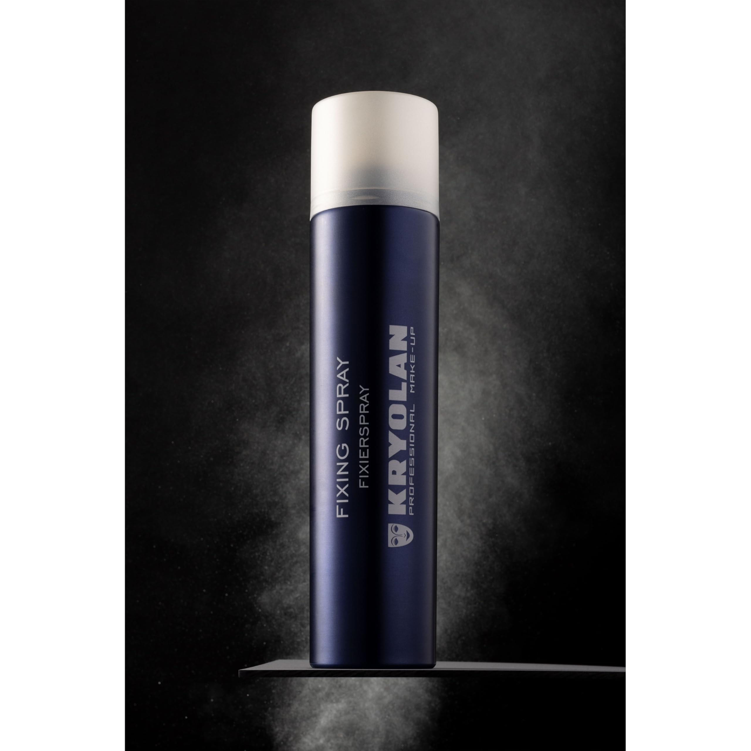 Kryolan Aerosol Fixing Spray set on dresser highlights portable, all-day wear support.