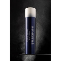 Kryolan Aerosol Fixing Spray set on dresser highlights portable, all-day wear support.