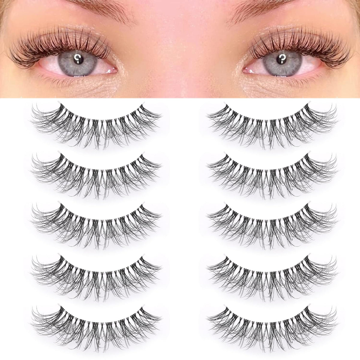 KSYOO long natural lashes with clear band in cat-eye D curl for seamless blend.