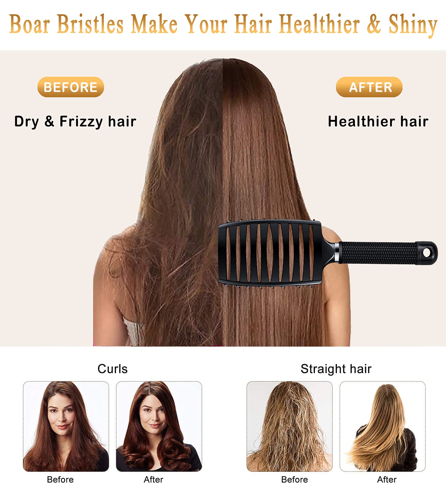 KTKUDY boar bristle brush in black and white adds shine