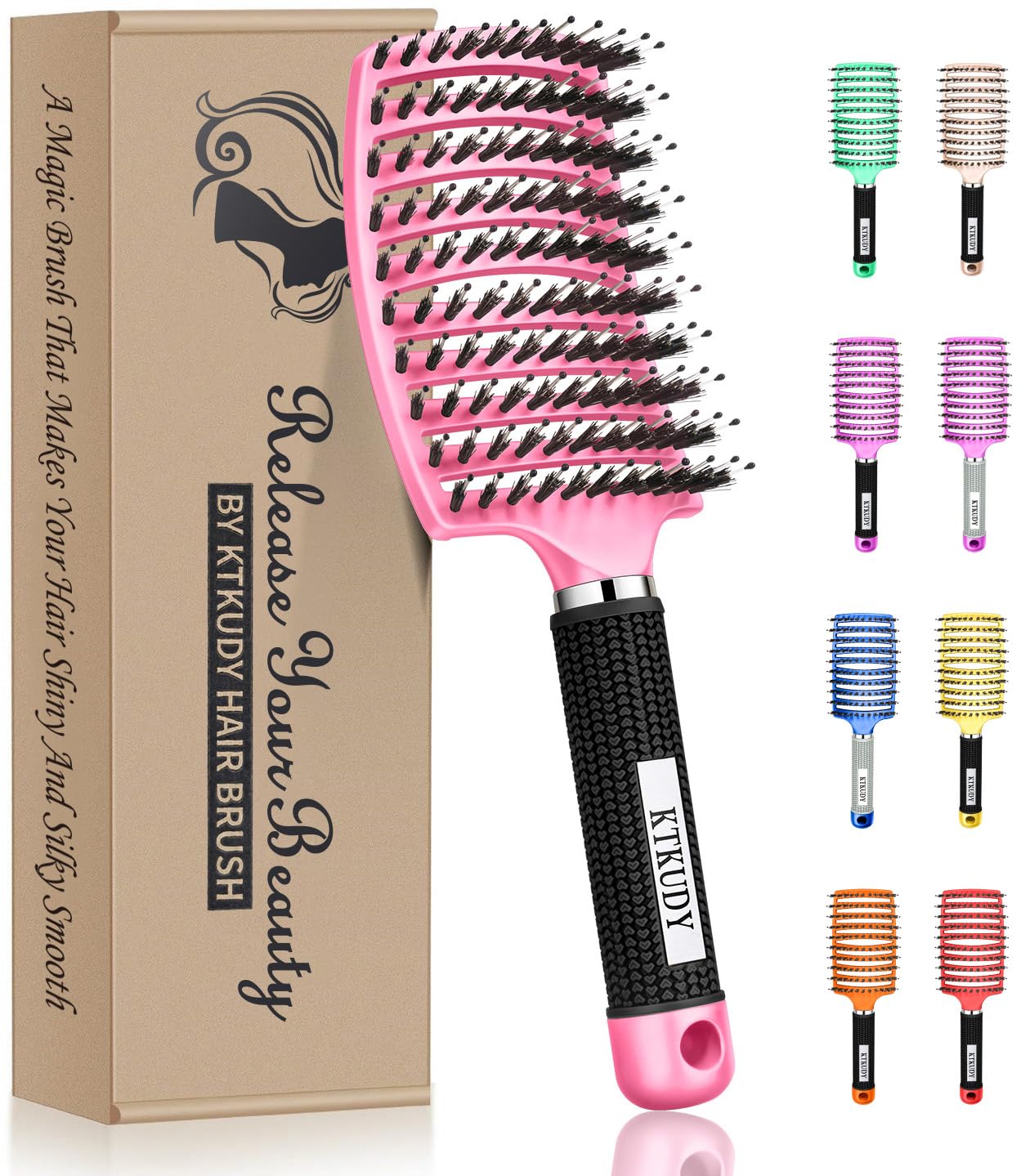 KTKUDY detangling brush curve design in pink for gentle knot removal.
