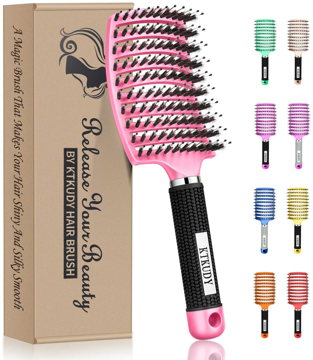 KTKUDY detangling brush curve design in pink for gentle knot removal.