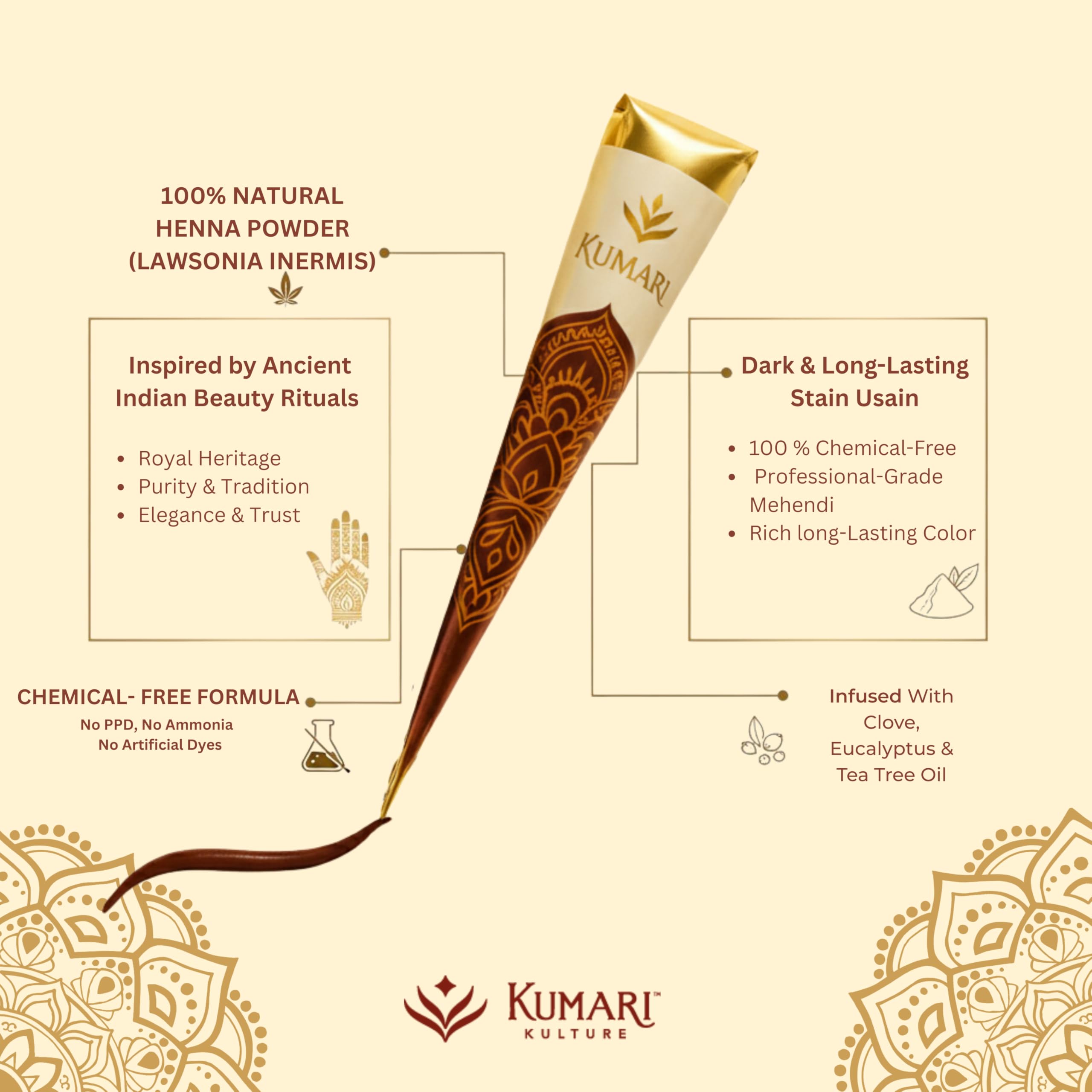 Kumari Kulture henna cone with tea tree oil provides a soothing scent.