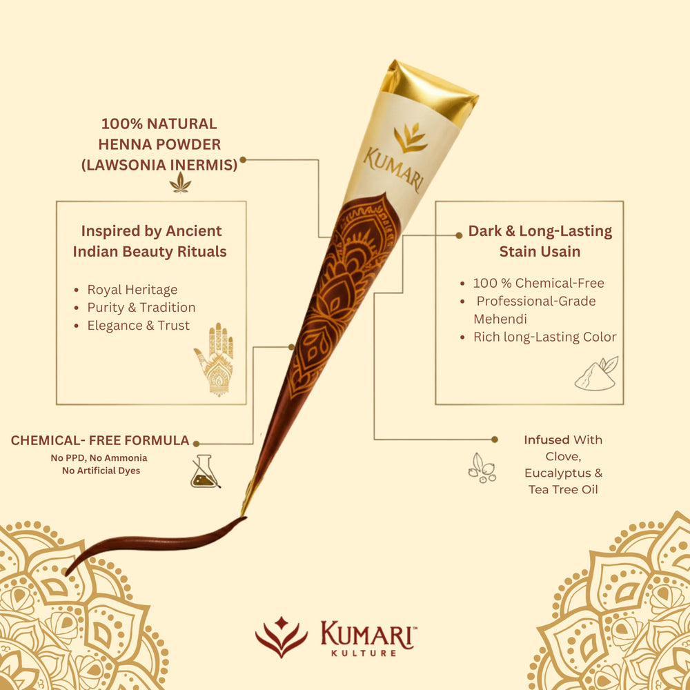 Kumari Kulture henna cone with tea tree oil provides a soothing scent.