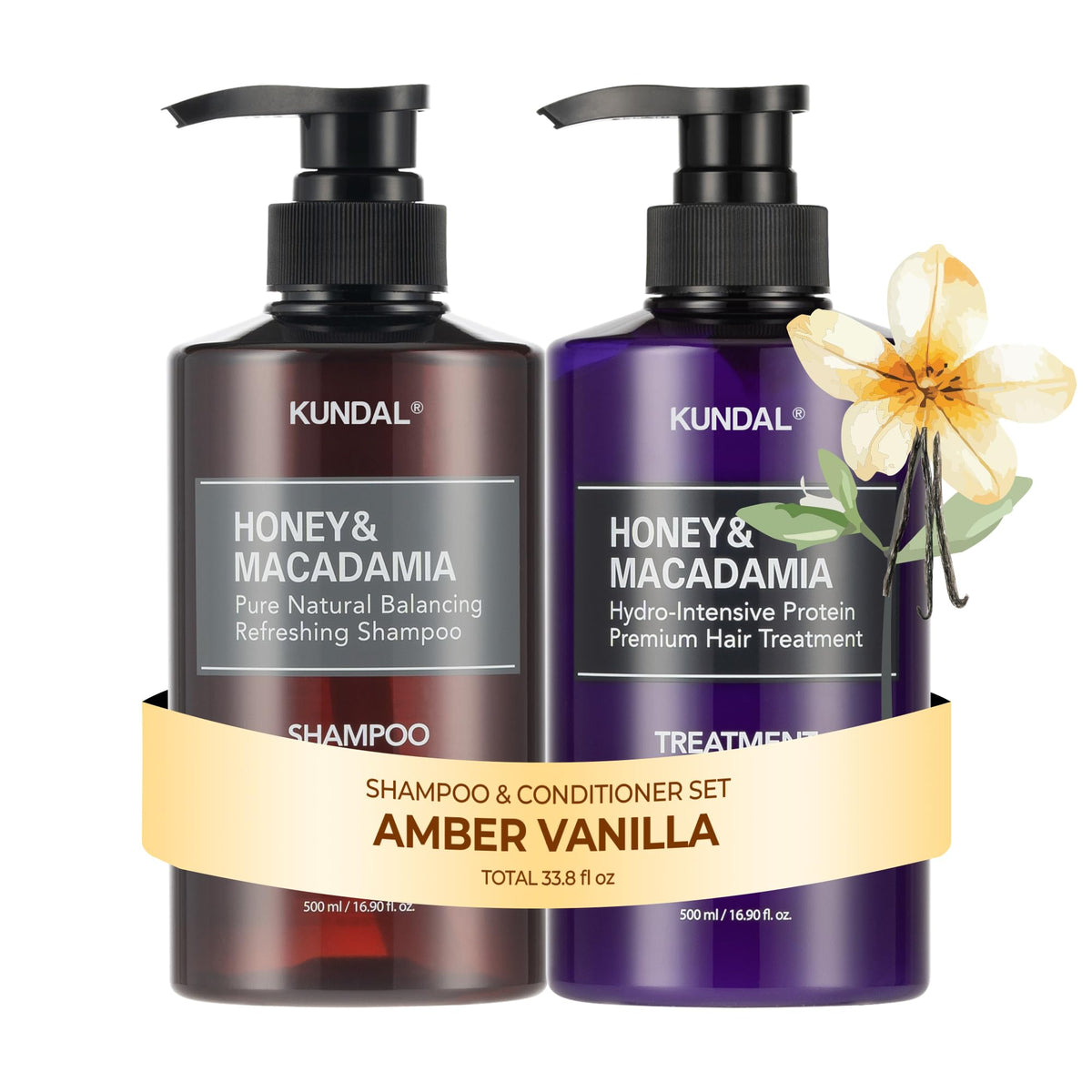 KUNDAL Amber Vanilla shampoo bottle front with premium packaging and inviting scent.