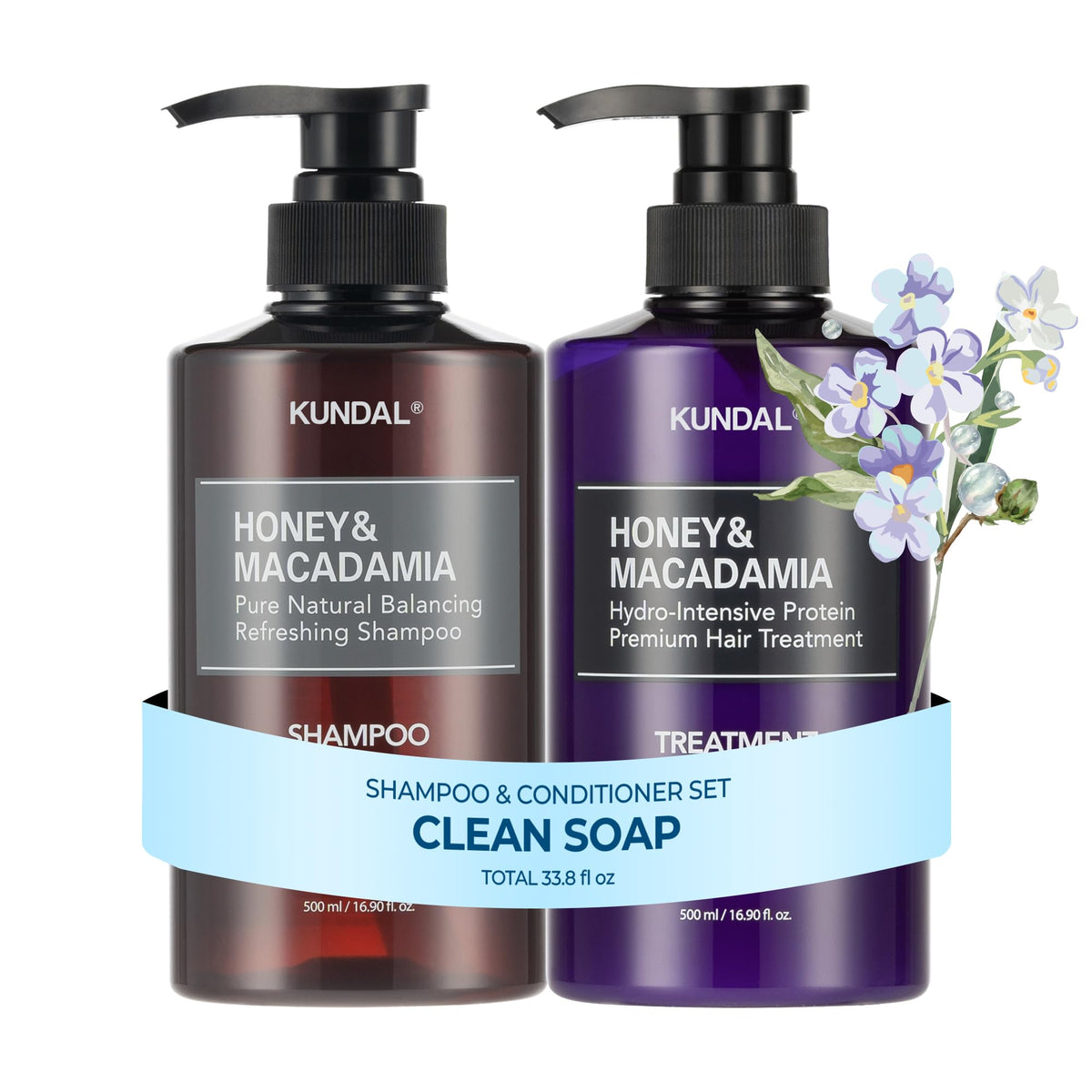 KUNDAL Korean shampoo-conditioner set with clean soap bottle for daily care.