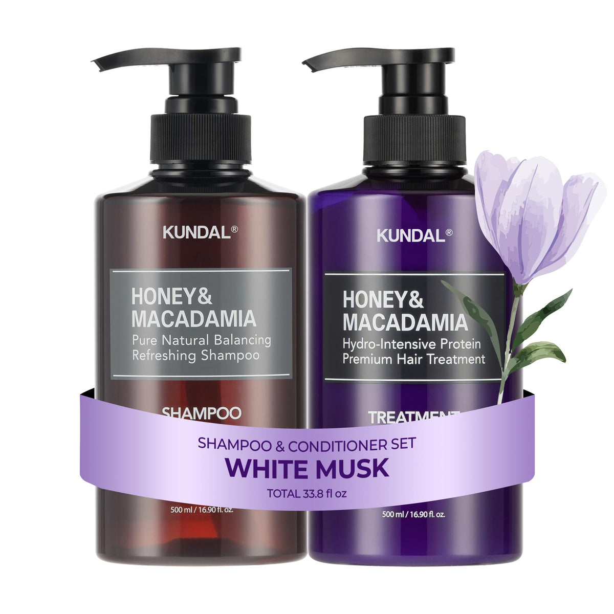 KUNDAL White Musk shampoo bottle highlighting long-lasting scent and gentle cleansing.