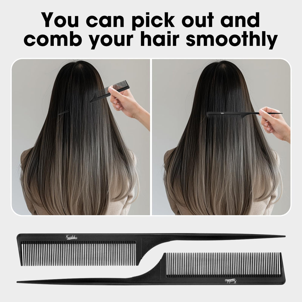 Kunihiko rat-tail comb black smooth-glide for anti-static performance.