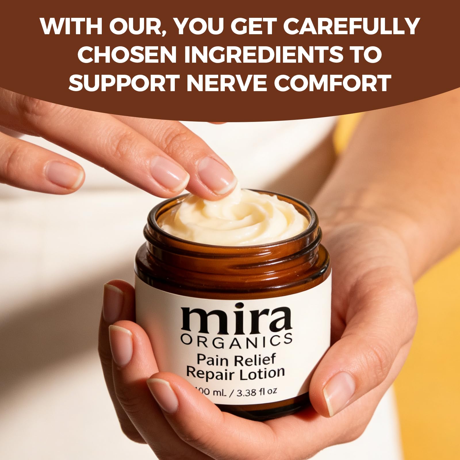 KUNLEN Mira lotion applied to hands for soothing relief during a busy day.