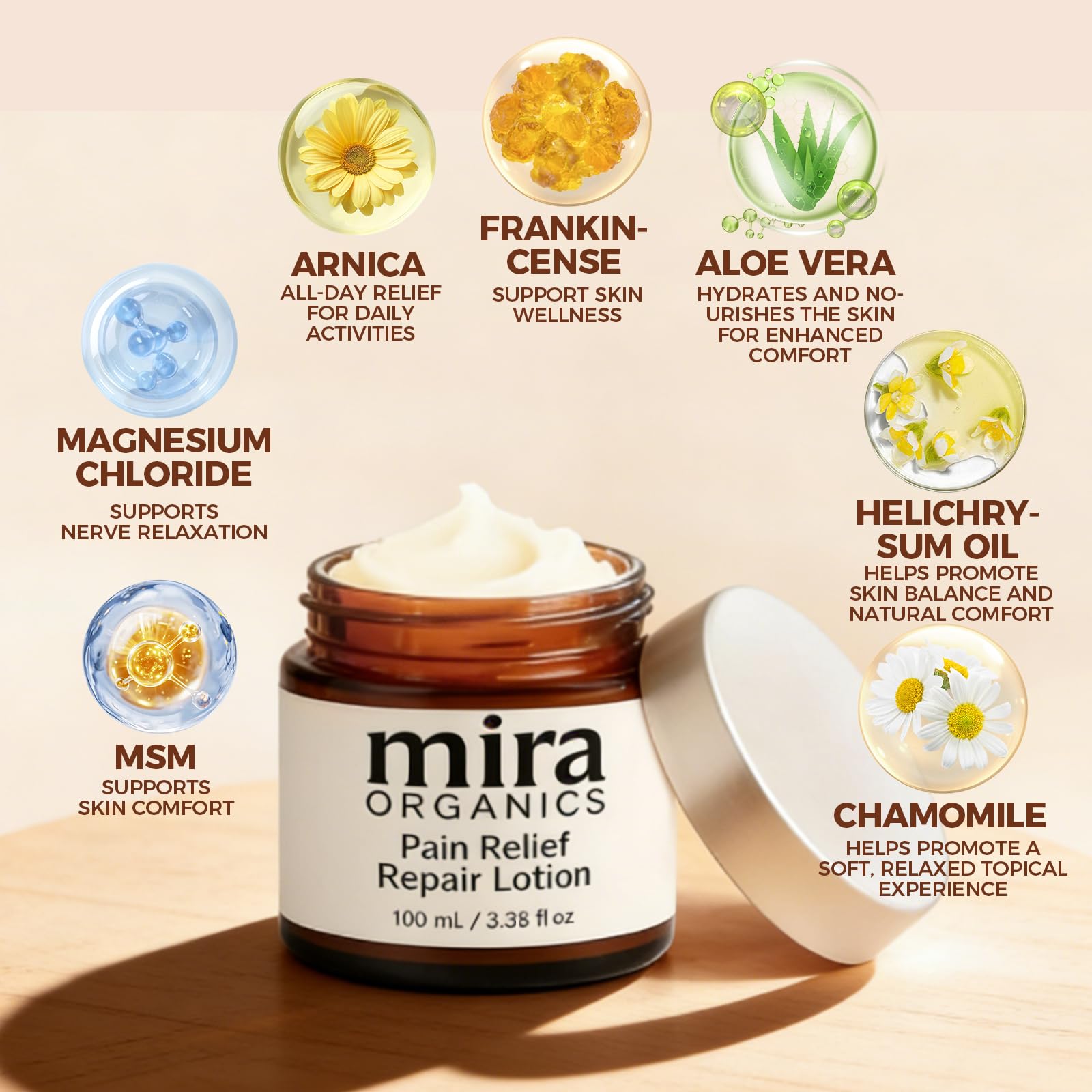 Close-up of Mira cream texture swirl highlighting fast absorption and smooth feel.