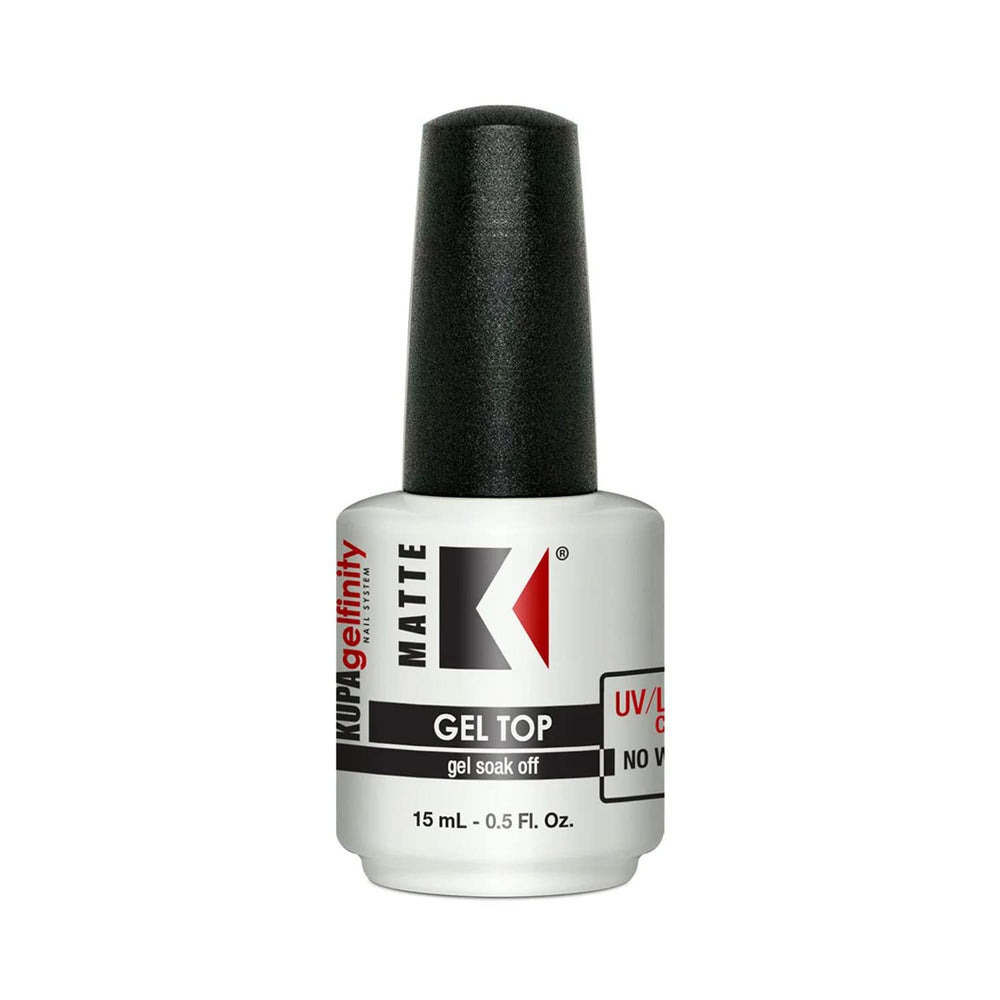 KUPA GelFinity matte top coat bottle close-up showing velvet finish for gel nails.