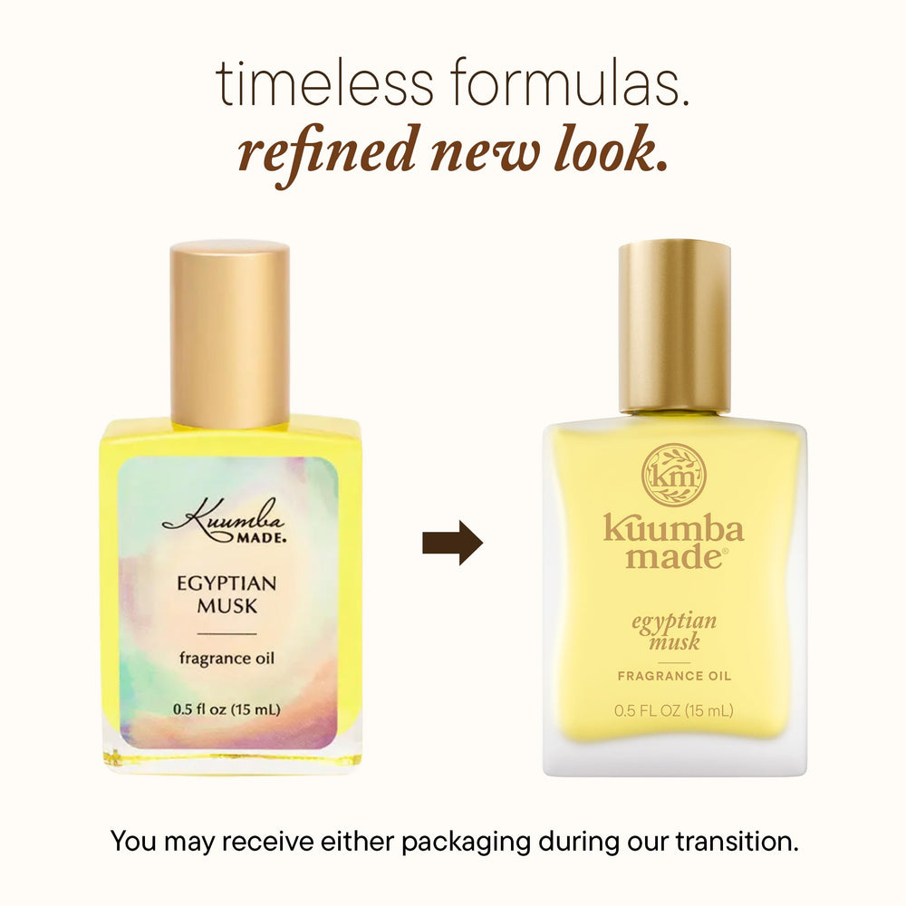 Kuumba Made Egyptian Musk roll-on application for on-the-go touch-ups