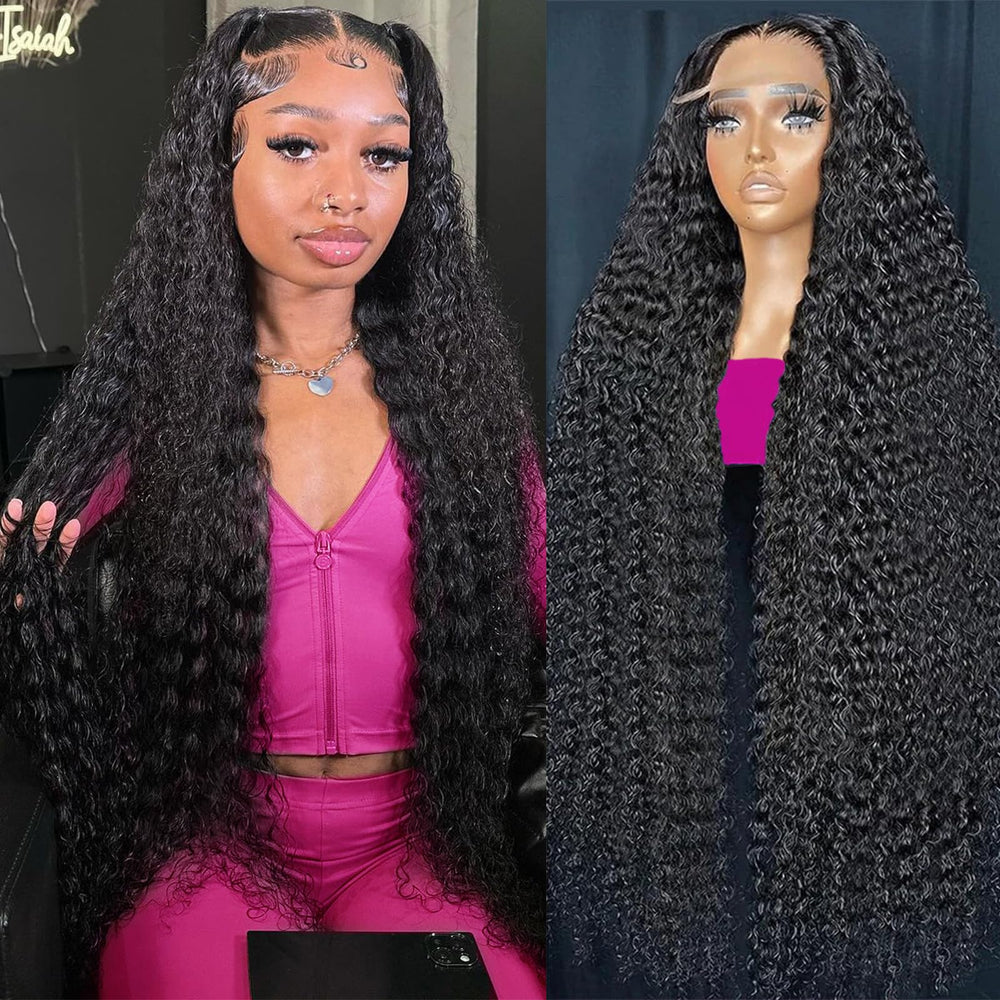 KVFCT deep-wave lace front wig 30 inch close-up showing natural hairline.