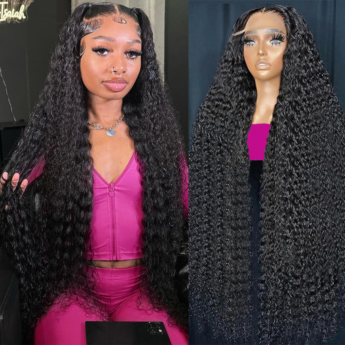 KVFCT deep-wave lace front wig 30 inch close-up showing natural hairline.