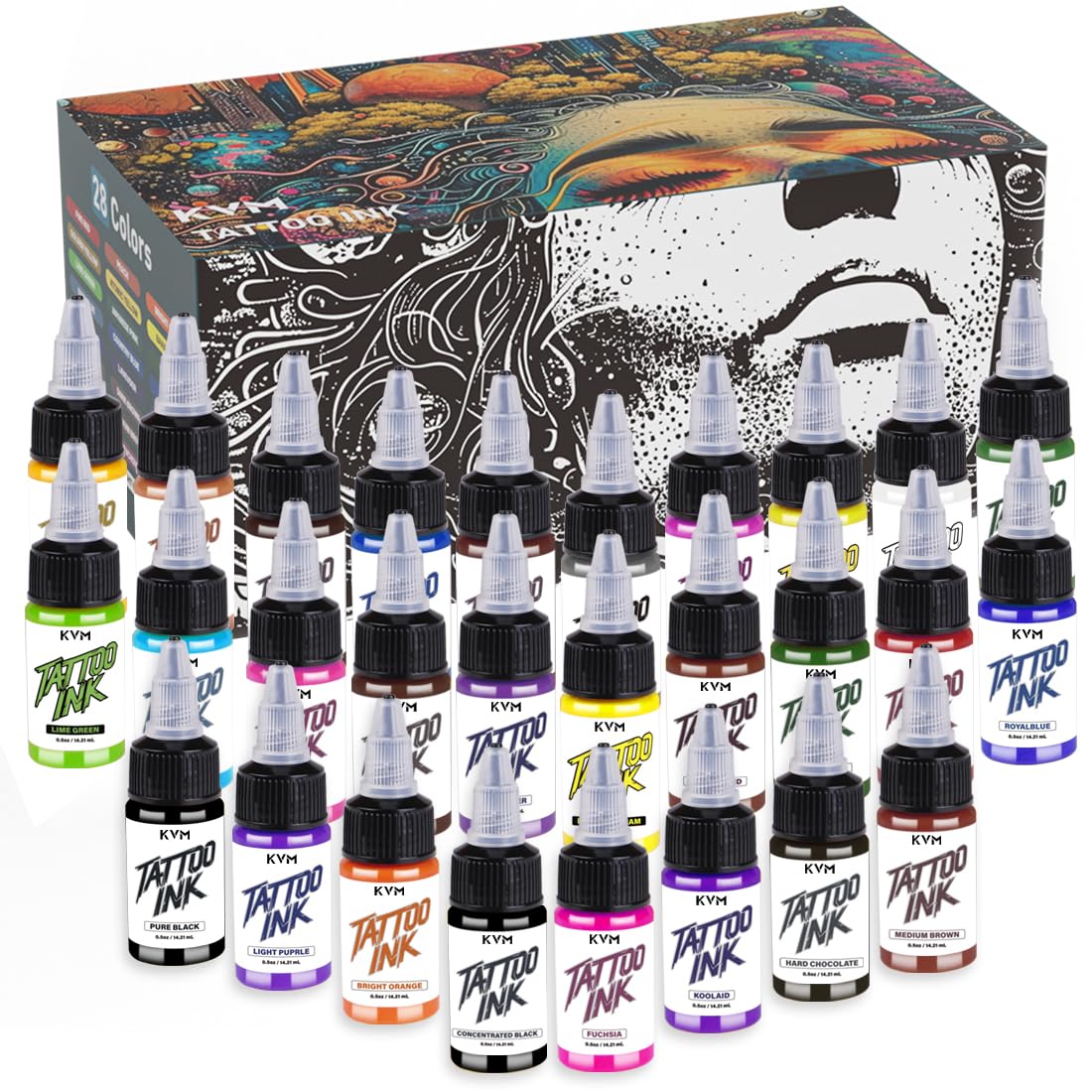 KVM Tattoo Ink 28-color bottles for vibrant, long-lasting color.