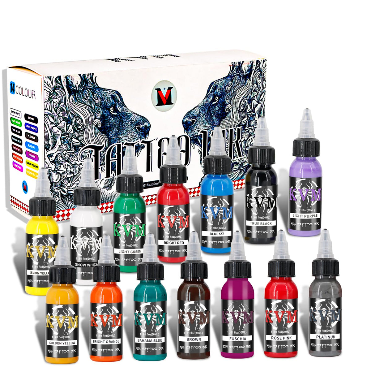 KVM Tattoo Ink Set 14 colors color palette for vibrant line work
