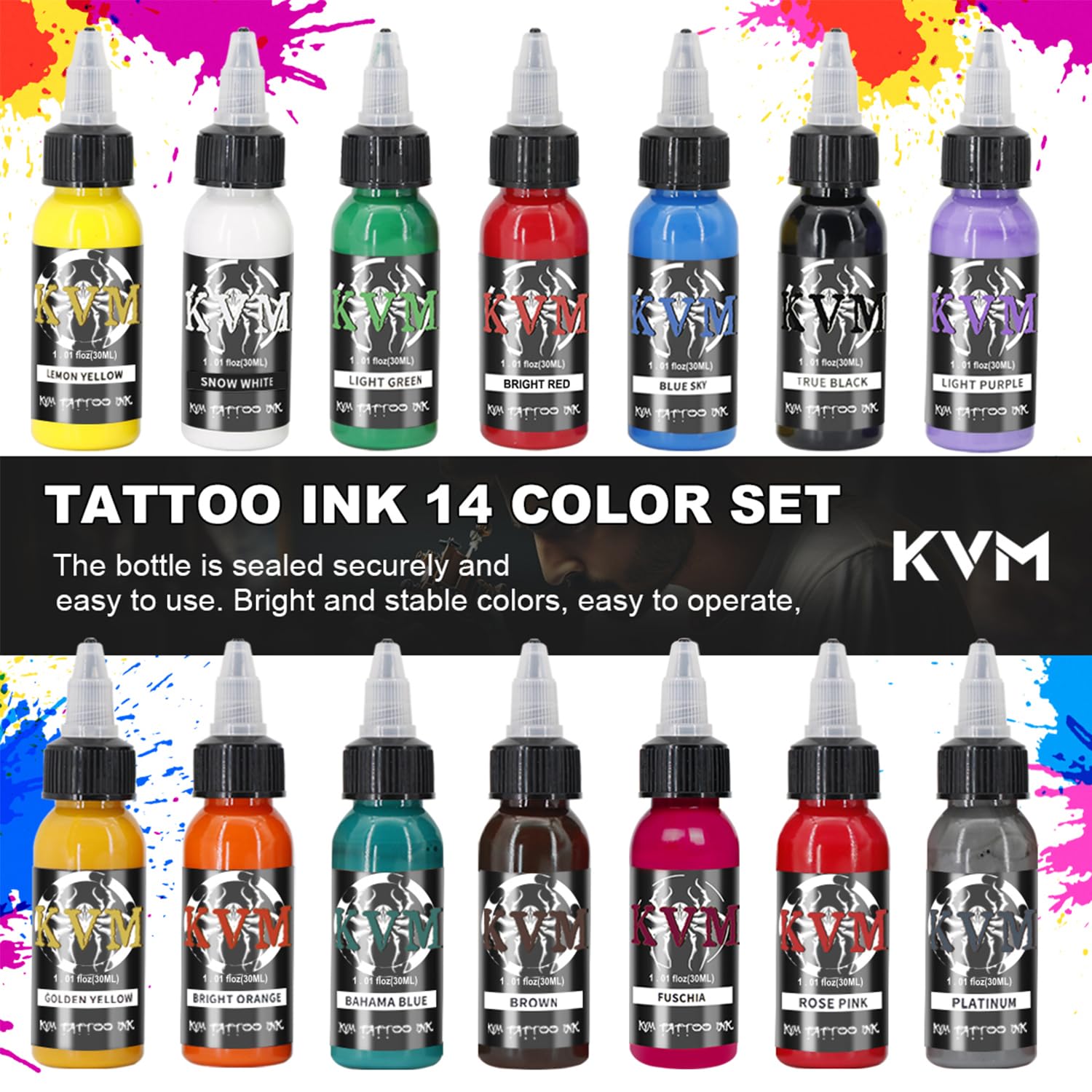 KVM Tattoo Ink Set 14 colors smooth flow enables precise detailing